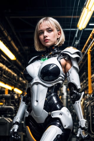 cgmech, , beautiful eyes, upper body, underboob, portrait, robot,white orange armor, white shimmering hair, neon light, 8K, RAW, best quality, masterpiece, ultra high res, colorful, (medium wide shot), (dynamic perspective), sharp focus , (depth of field, bokeh:1.3), extremely detailed eyes and face, beautiful detailed eyes,large breasts,(black gold, trimmed gear:1.2),(In a futuristic weapons factory:1.2), ((masterpiece, best quality)),  Detailed background, spaceship interior    