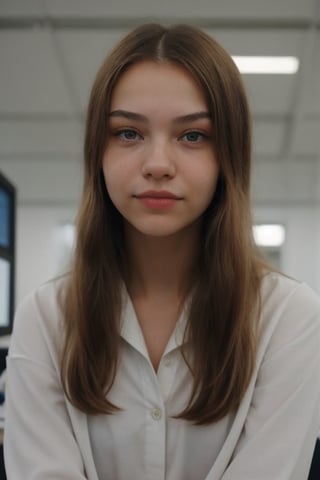 RAW Photo, DSLR BREAK a young woman with bangs, (light smile:0.8), (smile:0.5), wearing relaxed shirt and trousers, causal clothes, (looking at viewer), focused, (modern and cozy office space), design agency office, spacious and open office, Scandinavian design space BREAK detailed, natural light,Detailedface