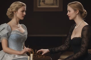 Against a rich, dark wood backdrop, two stunning beauties engage in a game of strategy and wit. Blonde beauty, adorned in an elegant 19th-century gown with delicate lace trim, sits poised with her pawn, her charming blue eyes sparkling as she contemplates her next move. Across from her, brunette beauty dons a form-fitting corset and flowing skirt, her luscious locks cascading down her back as she studies the board. The soft glow of candelabras casts a warm ambiance, highlighting the subtle curve of their lips and the playful tension between them. The chess pieces seem to fade into the background as their eyes meet, exuding an air of sophistication and undeniable charm.