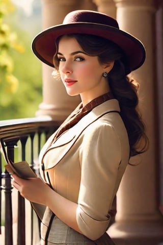 Sunny weather, bright and spacious balcony

At the end of the 19th century,20yo, the female detective Sherlock Holmes was handsome, thoughtful, full of sense of humor, gentlemanly, graceful, full of mystery, 1girl,breasts,beautiful body,Sexy body curves, deerstalker hat，Retro classic suit(sexy)

,Looking at the notes, the thoughtful look is really cute.

Super real, extremely realistic, realistic style, photo style, movie style,Perfect beautiful female face,european women,1girl,side view,