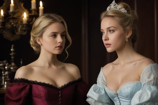 Against a rich, dark wood backdrop, two stunning beauties engage in a game of strategy and wit. Blonde beauty, adorned in an elegant 19th-century gown with delicate lace trim, sits poised with her pawn, her charming blue eyes sparkling as she contemplates her next move. Across from her, brunette beauty dons a form-fitting corset and flowing skirt, her luscious locks cascading down her back as she studies the board. The soft glow of candelabras casts a warm ambiance, highlighting the subtle curve of their lips and the playful tension between them. The chess pieces seem to fade into the background as their eyes meet, exuding an air of sophistication and undeniable charm.