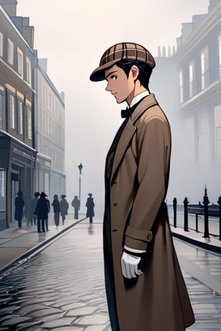 At the end of the 19th century,20yo, the female detective Sherlock Holmes was handsome, thoughtful, full of sense of humor, gentlemanly, graceful, full of mystery, and had a faint smile. In the background are foggy London streets. 1girl,big breasts,beautiful face and eyes,deerstalker,