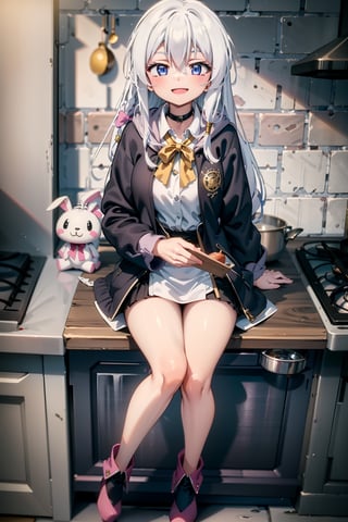 (best quality:1.1), (masterpiece:1.4), (Hands:1.1), ,better_hands, 1girl, long hair, looking at viewer, smile, open mouth, bow, jewelry, sitting, white hair, heart, choker, blue eyes, two side up, pillow, stuffed bunny, pink theme, soft_shaded,apron, cooking, kitchen, stove, food, full body, c:, smile