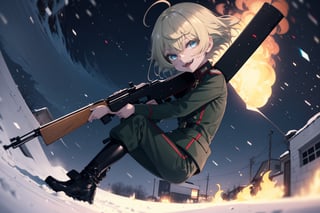 masterpiece, high resolution, sharp contrast, The Saga of Tanya the Evil,Solo Girl,graphic novel illustration, dystopian, full body,
looking at the viewer,1girl, solo, cute girl, 15 years old,blonde hair, short hair, light blue eyes, (devilish smile,fangs:1.3),Closed mouth,
aiming at the viewer with a rifle, small blood stains on the clothes, a beautiful military girl in winter,  military officer outfit,night in the snow on a poor street of a  night city, burning flag behind in the background, natural light,
falling snow,