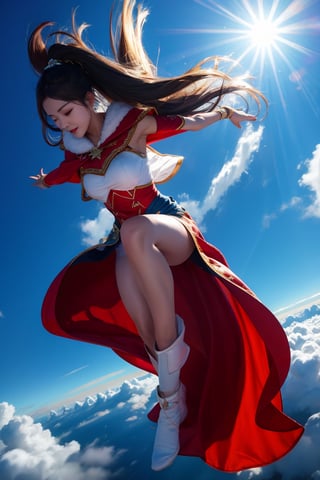 1 girl, flying, 1 girl flying above the clouds, dynamic pose, motion blur, cape, muscular,  longhair , sunlight