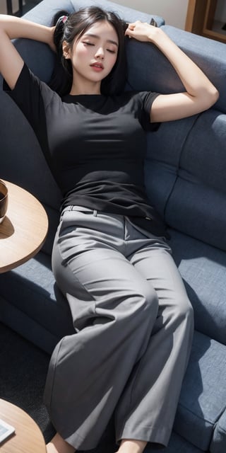 1girl, solo, shirt, black hair, closed mouth, closed eyes, short sleeves, lying, pants, indoors, on back, phone, black pants, stuffed toy, table, sleeping, stuffed animal, couch, grey shirt, realistic, on couch