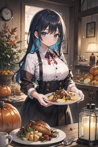  (masterpiece, best quality), (8k wallpaper), (detailed beautiful face and eyes), (detailed illustration), (super fine illustration), (vibrant colors), (professional lighting), 
(increasing the weight makes things worse), 
(One girl 25 old),thanksgiving Day, a girl stands by a lavishly set table, adorned with the abundance of the season. The detailed illustration of autumn, feast of harvest delights, roasted turkey, side dishes. Dressed in an elegant, natural light, festive atmosphere of the holiday celebration, every detail, meticulously illustrated, joy of sharing it with loved ones.