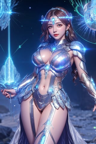 (goddess,venus,iron woman),busty,(Intricate luminous armor design:1.2),white plasma electromagnetic shield,crystal and silver entanglement,Star flash,(Persian Paisley clothes),glowing forehead