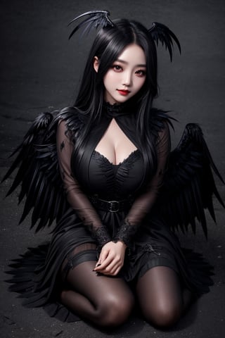 1girl, most beautiful korean girl, Korean beauty model, stunningly beautiful girl, gorgeous girl, 20yo, over sized eyes, big eyes, smiling, looking at viewer, woman in black dress sitting on the ground with wings spread, a portrait by Galen Dara, unsplash, baroque, dark feathered wings, raven angel wings, villainess has black angel wings, raven winged female vampire, raven wings, black wings instead of arms, huge feathery wings, black angel wings, black wings, angel with black wings,masterpiece
