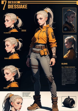 The concept character sheet of a strong, attractive, and hot warrior lady, mad max style, post apocalyptic style, dieselpunk look, dieselpunk setting, dieselpunk soldier girl, wearing techwear and armor, Cyberpunk costumes, In steampunk style, Her face is oval,  forehead is smooth and visibly rounded at the temples. jawline is softly defined,  giving her a gentle and feminine appearance, full body,  Full of details, frontal body view, back body view, Highly detailed, Depth, Many parts,((Masterpiece, Highest quality)), 8k, Detailed face (ponytail hair) (grey hair) (golden eyes), angry expression, Infographic drawing. Multiple sexy poses. tattoos,3d,SAM YANG,incase