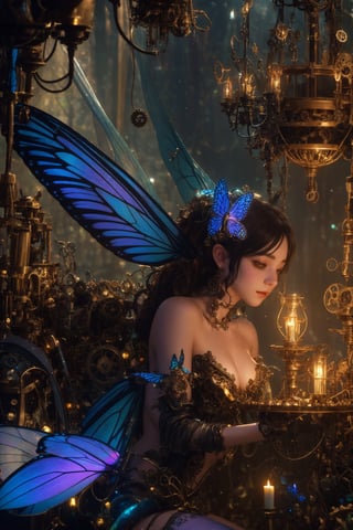 In the dimly lit, ornate chamber of a mystical steampunk realm, a faerie girl with delicate features and iridescent butterfly wings sprawls amidst a tapestry of gears and cogs. A robot cat, its mechanical limbs splayed in relaxation, rests beside her as candlelight dances across their faces. The soft glow casts a warm ambiance, rendering the intricate details of the steampunk contraptions and the faerie's ethereal wings in exquisite 8K HDR resolution, with an impressive bokeh effect blurring the background.