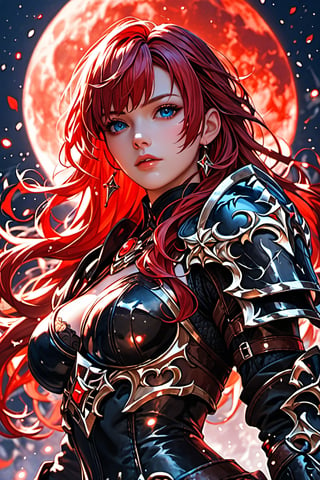 score_9, score_8_up, score_7_up,score_6_up, high resolution, BREAK 1girl, solo, fantasy character, long hair, blue eyes, red hair, bangs, black Armor, hard light, looking at viewer, red moon, moon particles, night,