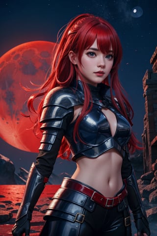 score_9, score_8_up, score_7_up,score_6_up, high resolution, BREAK 1girl, solo, fantasy character, long hair, blue eyes, red hair, bangs, black Armor, hard light, looking at viewer, red moon, moon particles, night,