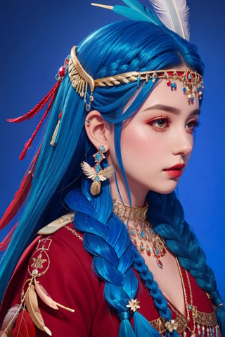 1girl, solo, headdress, long_hair, feathers, jewelry, blue_hair, gem, red_background, lips, hair_ornament, profile, braid, portrait, watermark, from_side, looking_away, feather_hair_ornament