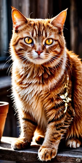 The orange cat, amber eyes, sitting still on an antique wooden round table Thai style, his expression was curious, The walls were simple oil paints, the tone was dark, and the light catching the cat made it stand out. Watercolor art with detailed brush strokes, highlighted, dark palette, high resolution and contrast, high colour contrast, intricately textured and detailed, deep focus, depth of field, ultra quality, ink art, Pomological Watercolor, ,cat