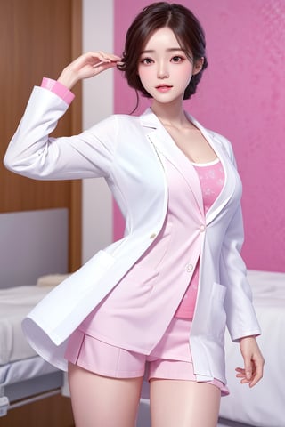 masterpiece, best quality, 1girl, modern hospital, (dancing), Beautiful Japanese female doctor wearing white labcoat over pink scrubs,beautiful detailed face, pale skin, realistic skin, detailed cloth texture, detailed hair texture, accurate, Anatomically correct, Highly detailed face and skin texture , looking at viewer
