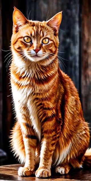 The orange cat, amber eyes, sitting still on an antique wooden round table Thai style, his expression was curious, The walls were simple oil paints, the tone was dark, and the light catching the cat made it stand out. Watercolor art with detailed brush strokes, highlighted, dark palette, high resolution and contrast, high colour contrast, intricately textured and detailed, deep focus, depth of field, ultra quality, ink art, Pomological Watercolor, ,cat