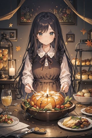  (masterpiece, best quality), (8k wallpaper), (detailed beautiful face and eyes), (detailed illustration), (super fine illustration), (vibrant colors), (professional lighting), 
(increasing the weight makes things worse), 
(One girl 25 old),thanksgiving Day, a girl stands by a lavishly set table, adorned with the abundance of the season. The detailed illustration of autumn, feast of harvest delights, roasted turkey, side dishes. Dressed in an elegant, natural light, festive atmosphere of the holiday celebration, every detail, meticulously illustrated, joy of sharing it with loved ones.