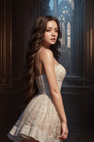 (masterpiece), best quality, high resolution, extremely detailed, detailed background, dynamic lighting, realistic, photorealistic, princess,1 girl, hands behind back, realistic, long hair, facing viewer, short dress