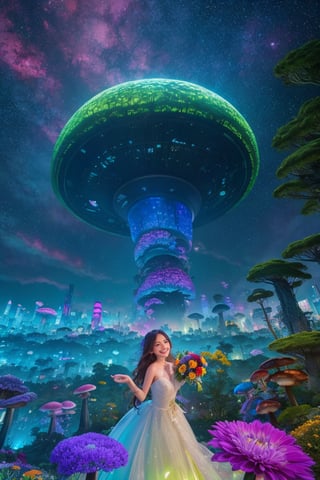A curious girl with a bouquet of vibrant flowers stands at the edge of a fantastical landscape, surrounded by towering mushrooms and twisted trees. In the background, a glowing alien cityscape stretches towards the sky, bathed in an ethereal multicolored light that casts an otherworldly glow on the scene. The girl's bright smile and outstretched arms seem to welcome the extraterrestrial visitors, as if showcasing her own little patch of wonder amidst this surreal science fiction world. Her bouquet of flowers adds a pop of color to the dreamlike atmosphere, while the cityscape in the distance creates a sense of depth and mystery.