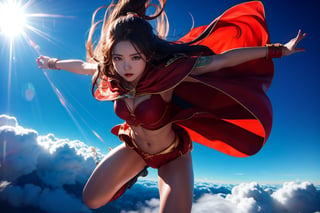 1 girl, flying, 1 girl flying above the clouds, dynamic pose, motion blur, cape, muscular,  longhair , sunlight