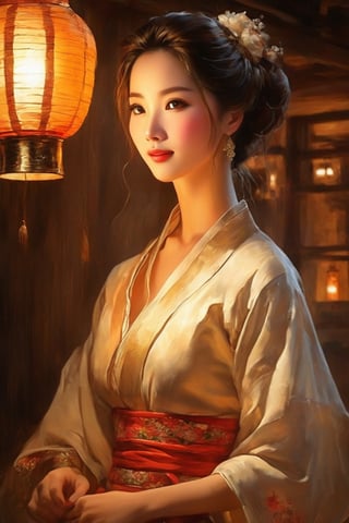 masterpiece, high quality, oil painting style, 1brown village belle, traditional curved revealing  blouse, oil lantern only source of light in room, her eyes explain a newlywed's  yearning, traditional village rope bed backdrop 