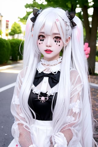 Shoujo manga style,1girl,ultra cute, Harajuku Style grunge fashion with kawaii and Lolita themes, albino demon girl,(pure white 
long hair),(black sclera;1.2),luxury mesh fishnet blouse,dal-1,ct-niji2,black hands