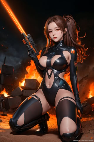 score_9, score_8_up, score_7_up, stellar_blade_tachy, a 17-years-old ethereal and breathtakingly glamorous korean idol, in a war zone, trench, close-up, perfect busty model body, brown eyes, brown long hair, balayage hair, gloves, orange-black two tones armor, combat suit with external skeleton design, pencil sktech, masterpiece, best quality, official art, beauty & aesthetic, IncrsNikkeProfile, zoom layer, holding weapon, holding gun, one knee