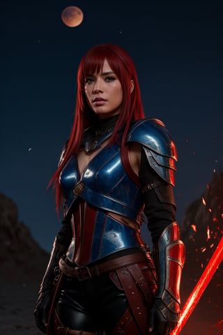 score_9, score_8_up, score_7_up,score_6_up, high resolution, BREAK 1girl, solo, fantasy character, long hair, blue eyes, red hair, bangs, black Armor, hard light, looking at viewer, red moon, moon particles, night,photorealistic