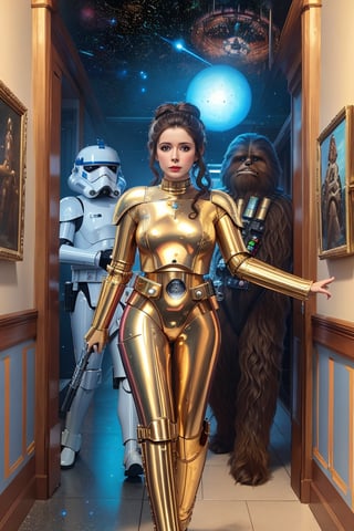  art by boris vallejo, art by gustav klimt, art by brom, a masterpiece, stunning beauty, hyper-realistic oil painting, vibrant colors, princess leia , chewbacca the wookie, c3po the robot, r2d2 the robot, a death star corridor, wearing Star Wars empire outfits, open to a spiral galaxy, Star Wars feel, stormtroopers, lasers, 