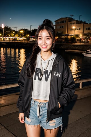 (RAW photo, best quality), (realistic),photo, masterpiece, 1girl,  ponytail, looking at viewer, hoodies, jacket, shorts, at night outdoor, harbor, street, full body, (light smile:0.7),blush, long shot,photorealistic,