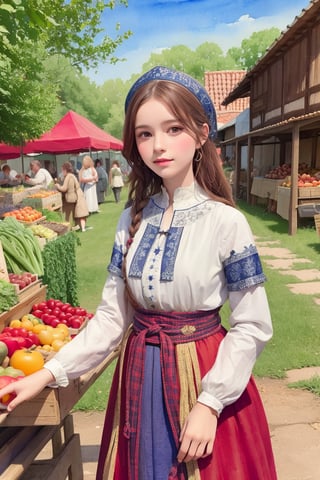 A medieval girl in traditional dress, vegetables and fruits, at a farmer's market, mysterious medieval, masterpiece,High detailed,watercolor,simplecats,swedish dress