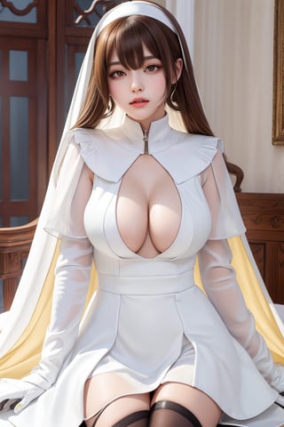 masterpiece, best quality, highres, clearire1, 1girl, sister cleaire, white capelet, full-length zipper, nun, long hair, white gloves, habit, kneehighs, black socks, long sleeves, black dress, yellow eyes, large breasts, parted bangs, long dress, ribbon, light brown hair, very long hair, blonde hair,