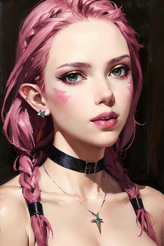 1girl, solo, long hair, breasts, looking at viewer, cleavage, bare shoulders, jewelry, medium breasts, green eyes, collarbone, upper body, pink hair, earrings, parted lips, horns, choker, pointy ears, necklace, twin braids, lips, makeup, colored skin, facial mark, strap slip, realistic, nose, mascara

,scarlett johansson, woman,oil painting