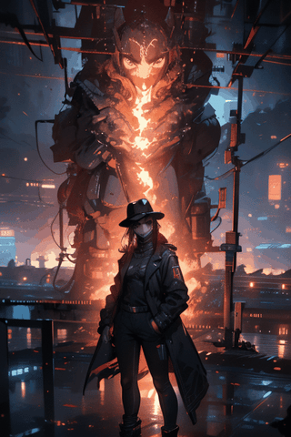 handsome women with black trenchcoat and black fedora ,  cyberpunk detective , neck length hair and beard  , cyberpunk 2077 poster art , standing menacingly and badassly , coat blown by the wind , flames from hand , turtleneck , 25 years old , electricity sparks , 