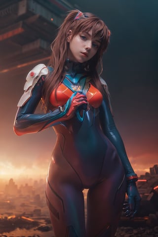 4K, 8K, (Masterpiece, best quality:1.2), blue eyes, perfect face, cosplay, professional photo, photo, photorealism, ((Rainbow colour  armor)), modelshoot style, portrait of shirogane, red plugsuit, feminine, ( 3girl),  ((cyberpunk landscape)), (narrow waist), upper body, face shot, very small breats, sexy look, 