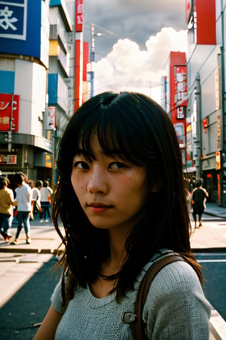 close-up,realistic,portrait,film grain,sunlight,shadow,asian,woman,sunlight,day,epic,fantastic,street,messy hair,light,grainy,real photo,outdoor,grainy,lightshapes,cloudy color,japan,