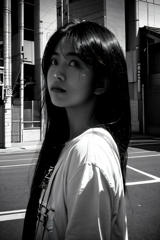 realistic,grsayscale,oraku-b-w,portrait,film grain,sunlight,shadow,asian,woman,sunlight,day,epic,fantastic,street,messy hair,light,grainy,real photo,outdoor,grainy,lightshapes,cloudy color,japan,score_9,analog fiilm,