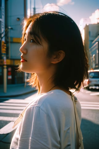 realistic,portrait,film grain,sunlight,shadow,asian,woman,sunlight,day,epic,fantastic,street,messy hair,light,grainy,real photo,outdoor,grainy,lightshapes,cloudy color,japan,score_9