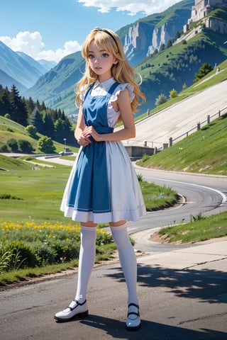 ((ultra detailed, masterpiece, best quality)) DisneyAlice, 1girl, solo, long hair, blonde hair, blue eyes, blue dress, white apron, white thighhighs, black shoes, standing in front of a picturesque landscape, full body, with arms folded,DisneyAlice