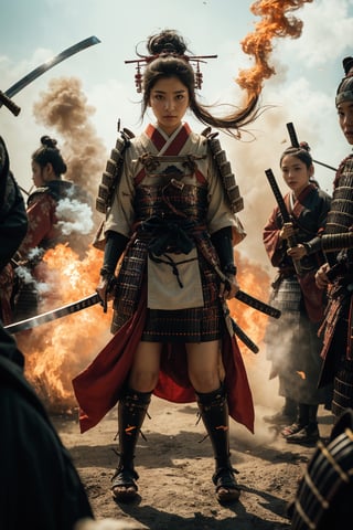 Akira Kurosawa's cinematic style poster,A 28-year-old girl,full body shoot,embodying the spirit of a Samurai from the Warring States Period in Japan. Brightly colored,with a backdrop of war,She wears traditional samurai armor adorned with intricate details,holding a katana with determination,The falling smoke of gunpowder,symbolizing the beauty amidst conflict,Detailed,historical,and with a touch of elegance,cinematic,detailed,style dominated by red,minimalist composition shimmer,edge ligh,best quality,masterpiece,an extremely delicate and beautiful,CG,unity,8k wallpaper,Amazing,finely detail,masterpiece,official art,extremely detailed CG unity 8k wallpaper,incredibly absurdres,huge filesize,ultra-detailed,highres,extremely detailed,lora:Samurai_20240302050726:0.8,