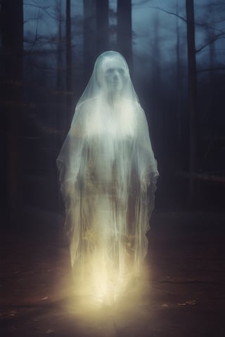 a photo of transparent ghost old lady in a forest, at night, fire illumination