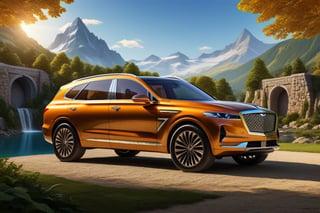 ((Hyper-Realistic)) photo of 1 car \(random colors mid-size luxury crossover SUV, Genesis GV80\) parked,Front side view,well-lit,Super-detailed shiny body and wheels with reflection,(backdrop: Hyper-realistic Super-detailed (Documentary photograph:1.3) of a magnificent (Swiss mountain top),(stone wall:1.2),14th century,(golden ratio:1.3)),tree,waterfall,
BREAK 
aesthetic,rule of thirds,depth of perspective,perfect composition,studio photo,trending on artstation,cinematic lighting,(Hyper-realistic photography,masterpiece, photorealistic,ultra-detailed,intricate details,16K,sharp focus,high contrast,kodachrome 800,HDR:1.3),H effect,photo_b00ster,itacstl,Dwarven City