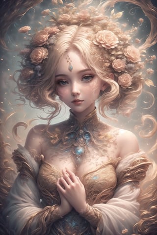 masterpiece, top quality, best quality, official art, beautiful and aesthetic:1.2), extreme detailed. 1 girl, long blonde hair, flowers and leaves entwined within her tresses, shades of white and yellow, wearing white top, ruffled detailing, embroidered pastel color floral chest motif, sleeves billowing at shoulders, tapering to wrists, hands clasped, soft and delicate aesthetic, intricate details in hair and clothing, light-hued background, subject focused, digital painting,more detail XL,watercolor \(medium\), in the style of esao andrews,light,fantasy00d,More Detail