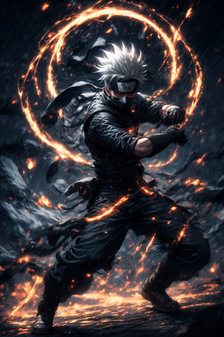 Kakashi hatake , masterpiece, Full body, best quality, epic Pose, shidori, sharingan, battlefield background, lighting bolds ,Realistic