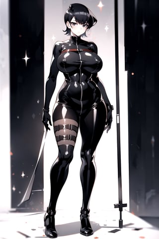 1girl, fullbody, mature female, milf, curvy, large breasts,abs, voloptuous, BREAK (black techwear skin tight bodysuit with buckle and tape), tall, full body shot, black hair, cyberpunk style, covered erect nipples,komi shuuko,black eyes, short hair