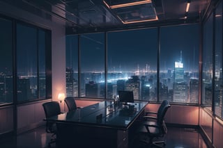 highly detailed, cozy low lights, night charming, night ambience,opulent large office, window glass wall, luxury chairman presidential room, megalopolis at night background, ultra detailed office, very chic, futuristic office, skyscraper night lights