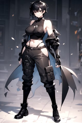 1girl, fullbody, mature female, milf, curvy, large breasts,abs, voloptuous, BREAK (black techwear jacket with a black tank top and brown cargo pants with cammo pattern with buckle and tape), tall, full body shot, black hair, cyberpunk style, covered erect nipples,komi shuuko,black eyes, short hair, combat boots, fingerless gloves