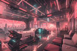 Create a digital illustration featuring a giant luxurious massage room of futuristic style, with a hologram projector that has the shape of a large tube in a corner, with bright red lights and a gorgeous view of a cyberpunk city.