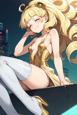 score_9, score_8_up, score_7_up, score_6_up, Takeda hiramitsu style,cyberpunk style,1girl,young female,young adult, very young,blonde hair, curly hair,regal, relaxed shoulders,white clothes, ethereal glow,solo, gold dress, white armored stockings, golden high heels, cleavage, indoor, closed eyes, long hair,small breasts, side boobs, gentle smile, standi